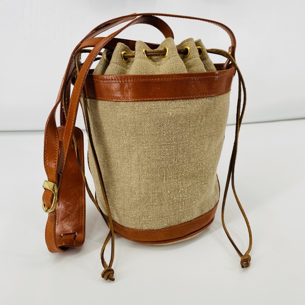 Vintage Ann Taylor Bucket Bag OS Tan Canvas Leather Trim Drawstring Shoulder Bag